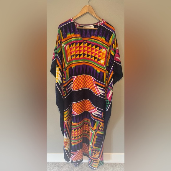 VINTAGE DAVID BROWN CALIFORNIA 70s 80s Bright Geometric Muumuu Kaftan Tunic - Picture 1 of 16